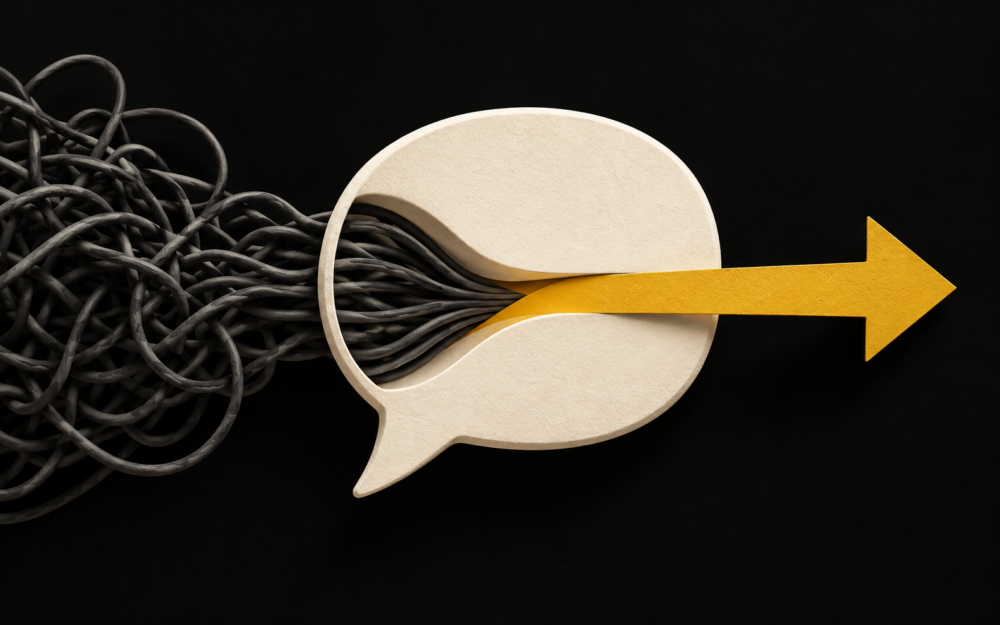 Tangled cords pass through a cream speech bubble and emerge as a yellow arrow, representing clear brand messaging.